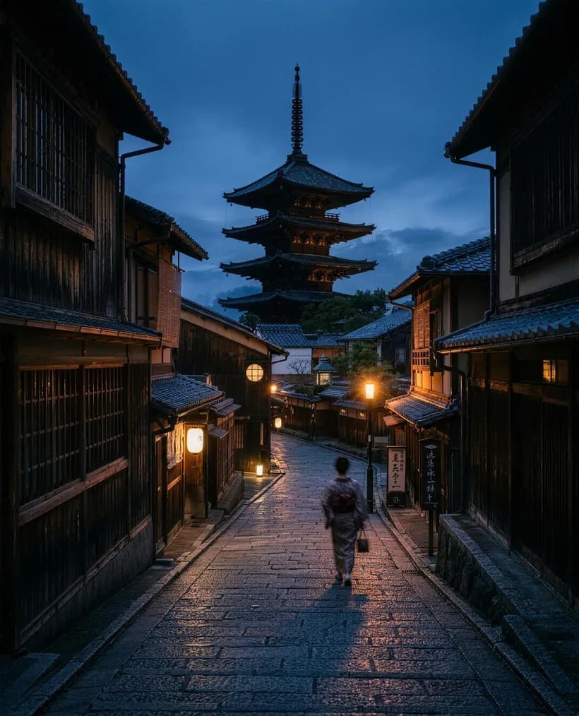 Ambiente de Kioto al caer la tarde (imagen ilustrativa generada con IA)